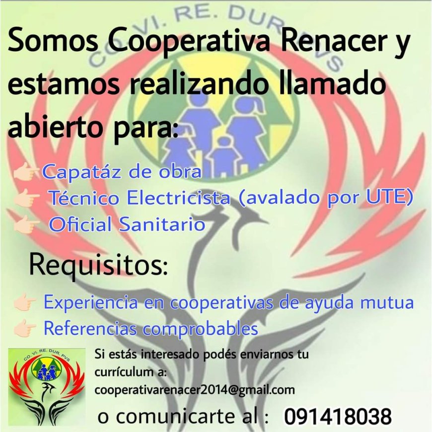 Cooperativa Renacer necesita personal.