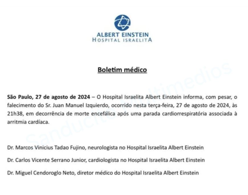 Informe del Hospital Albert Einstein de San Pablo sobre la causa de muerte de Juan Izquierdo.