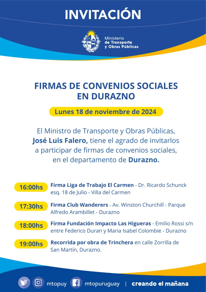 Firma de Convenios Sociales en Durazno con presencia del Ministro José Luis Falero y el Intendente Carmelo Vidalín