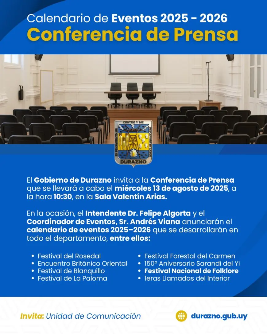 Gobierno de Durazno presentará el calendario de eventos 2025-2026 en conferencia de prensa